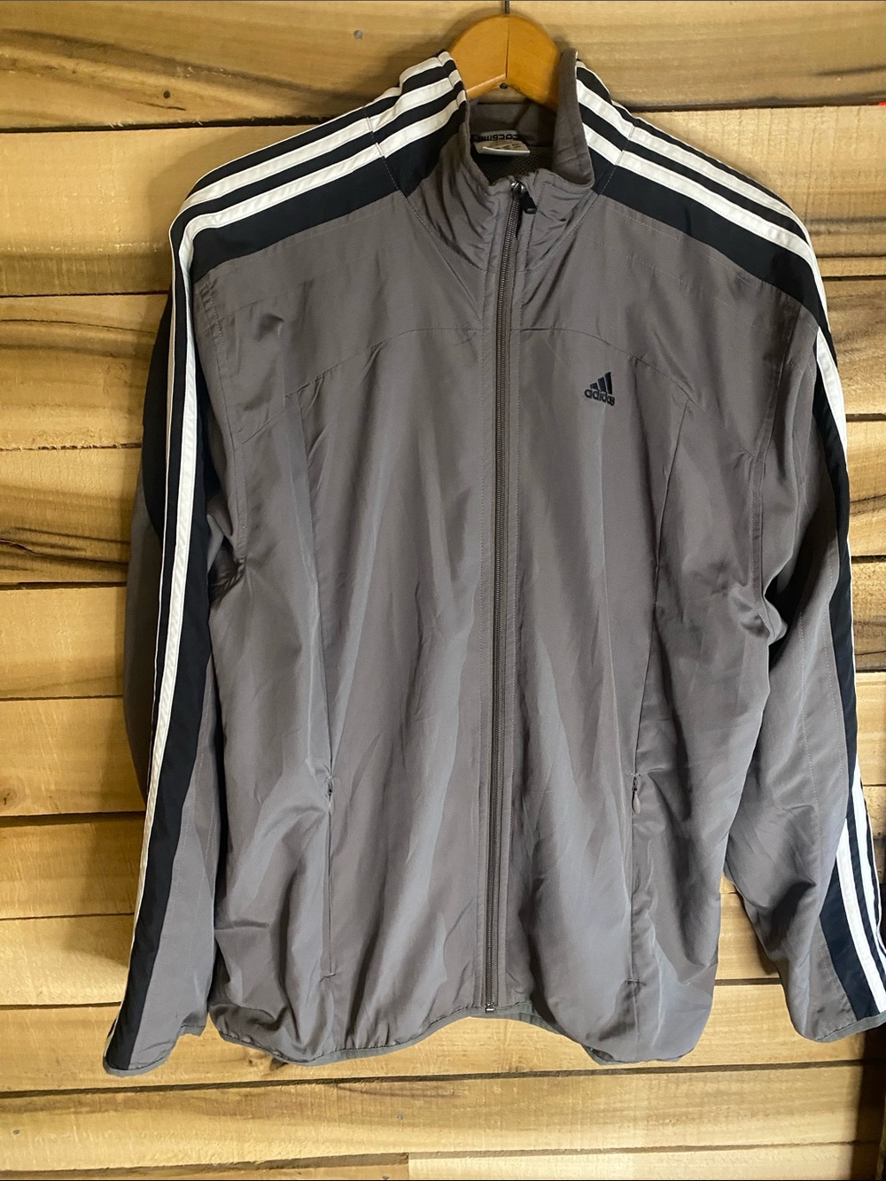 adidas Climaproof Gray and Black Performance Track Jacket White Stripes medium